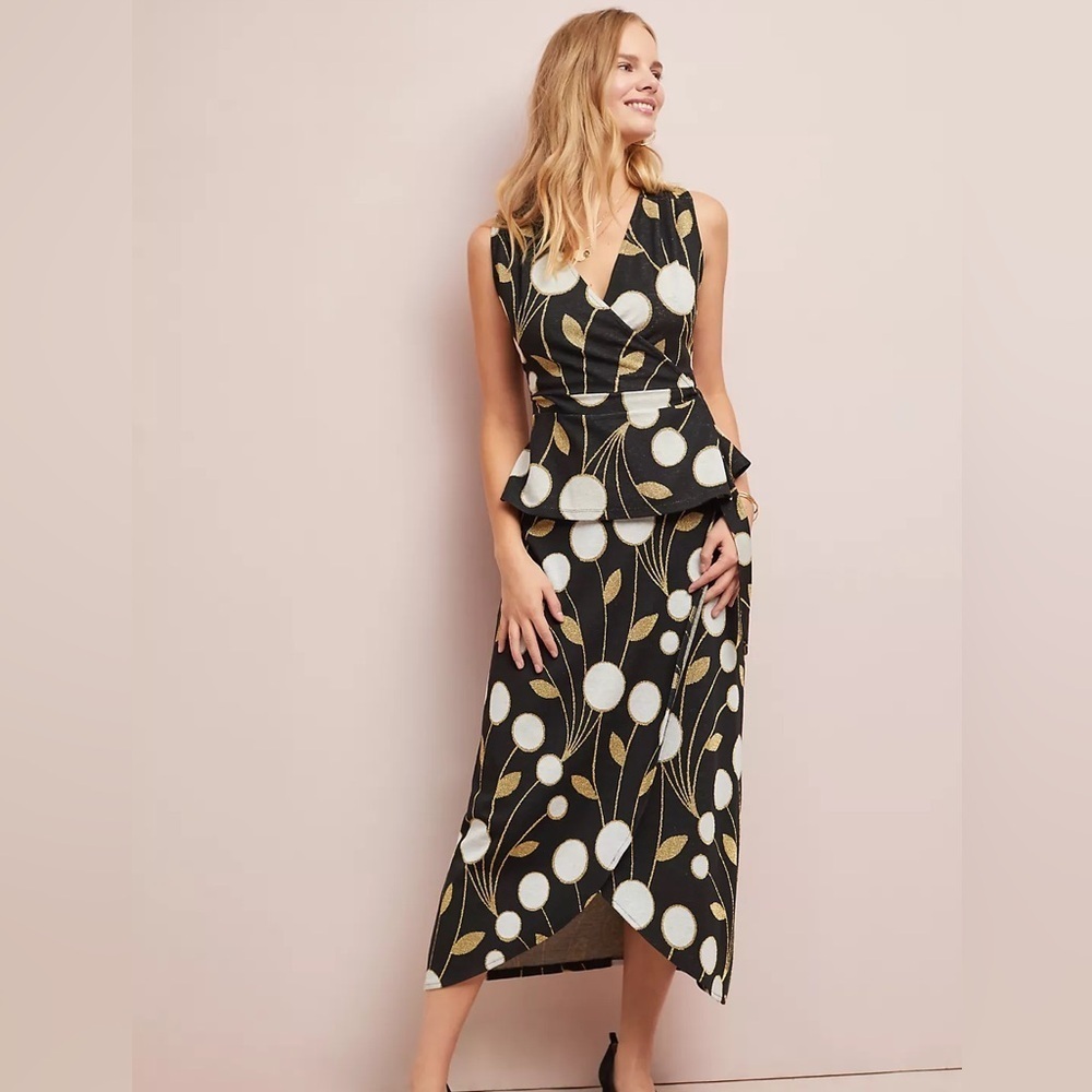 Anthropologie Maeve - Black w/ White & Gold Shimmer Accents Top and Skirt Set